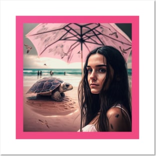 Beach Daydream - Woman with pink umbrella and a turtle in the beach. Posters and Art